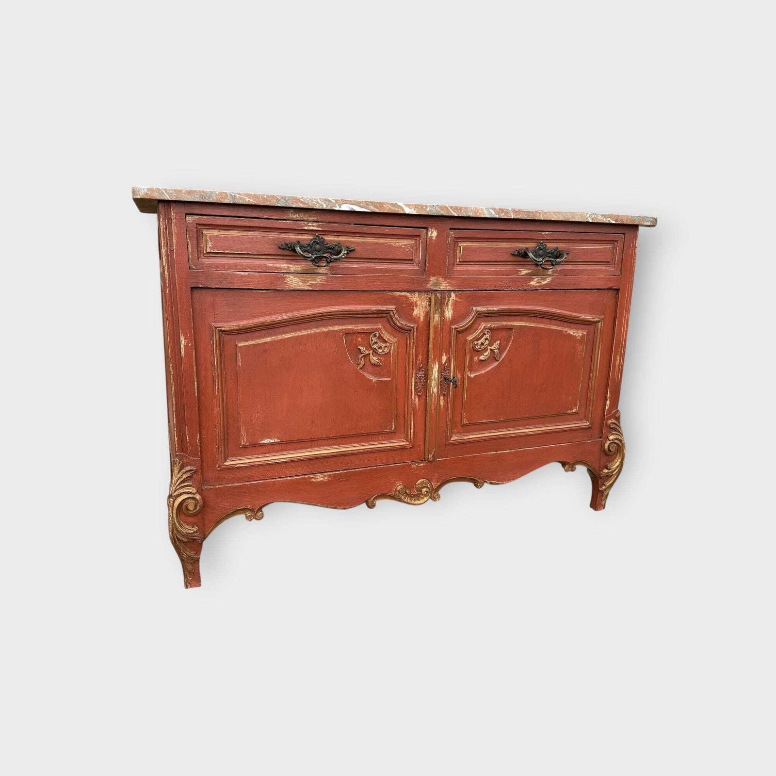 Vintage Painted French Marble Top Sideboard Buffet 2 Door 2 Drawer Painted Cupboard photo furniture