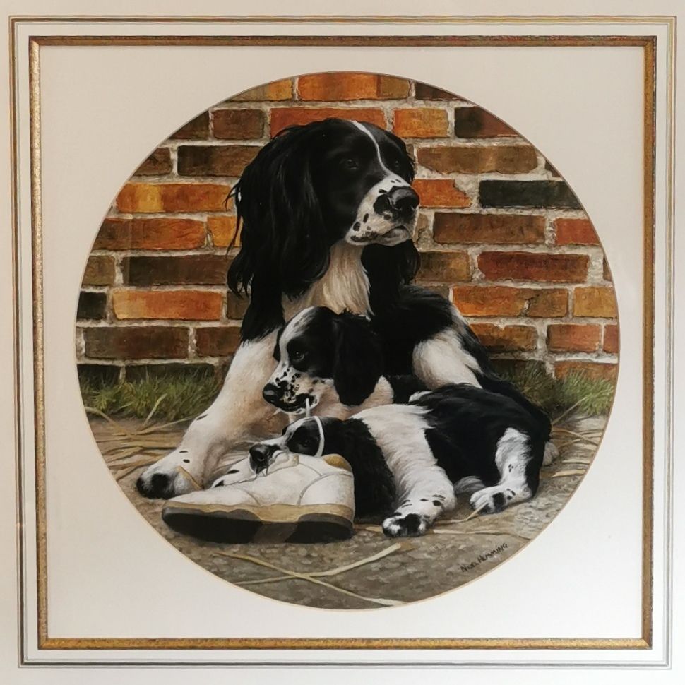 Original Painting By Nigel Hemming Spaniel And Puppies Oil On Board photo furniture