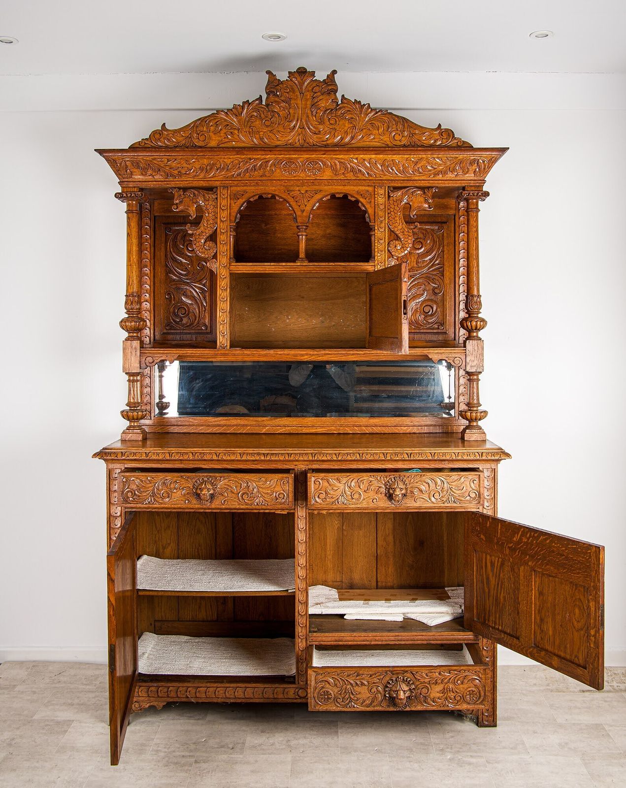 Large Antique French Oak Buffet Cabinet With Carved Chiffonier photo 1400.0