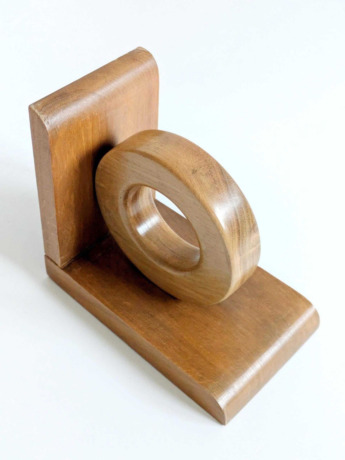 Midcentury Wooden Bookends Pair, Bauhaus Art Deco Style Hoop Design, Sculptural Shelf Decor photo vinterior