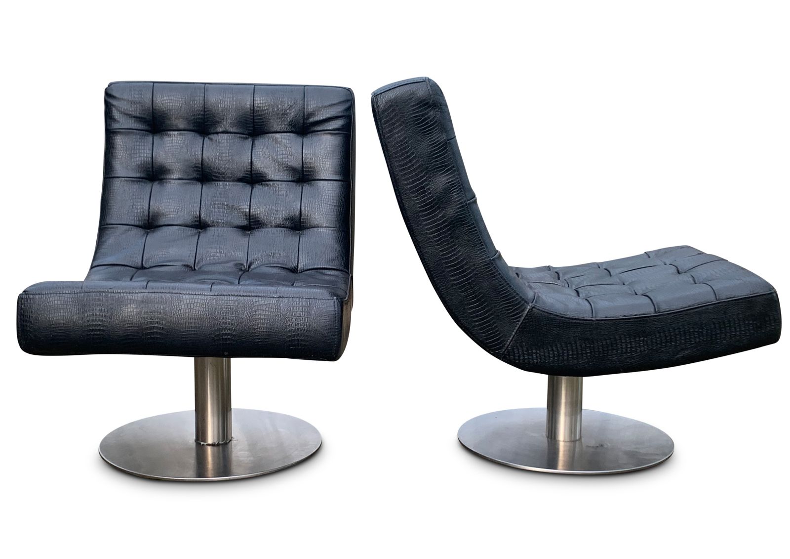Pair Of Arne Norell Faux Black Crocodile Mid Century Modern Design Lounge Chairs. Raised On Very Heavy Pedestal Circular Swivel Bases. photo buy