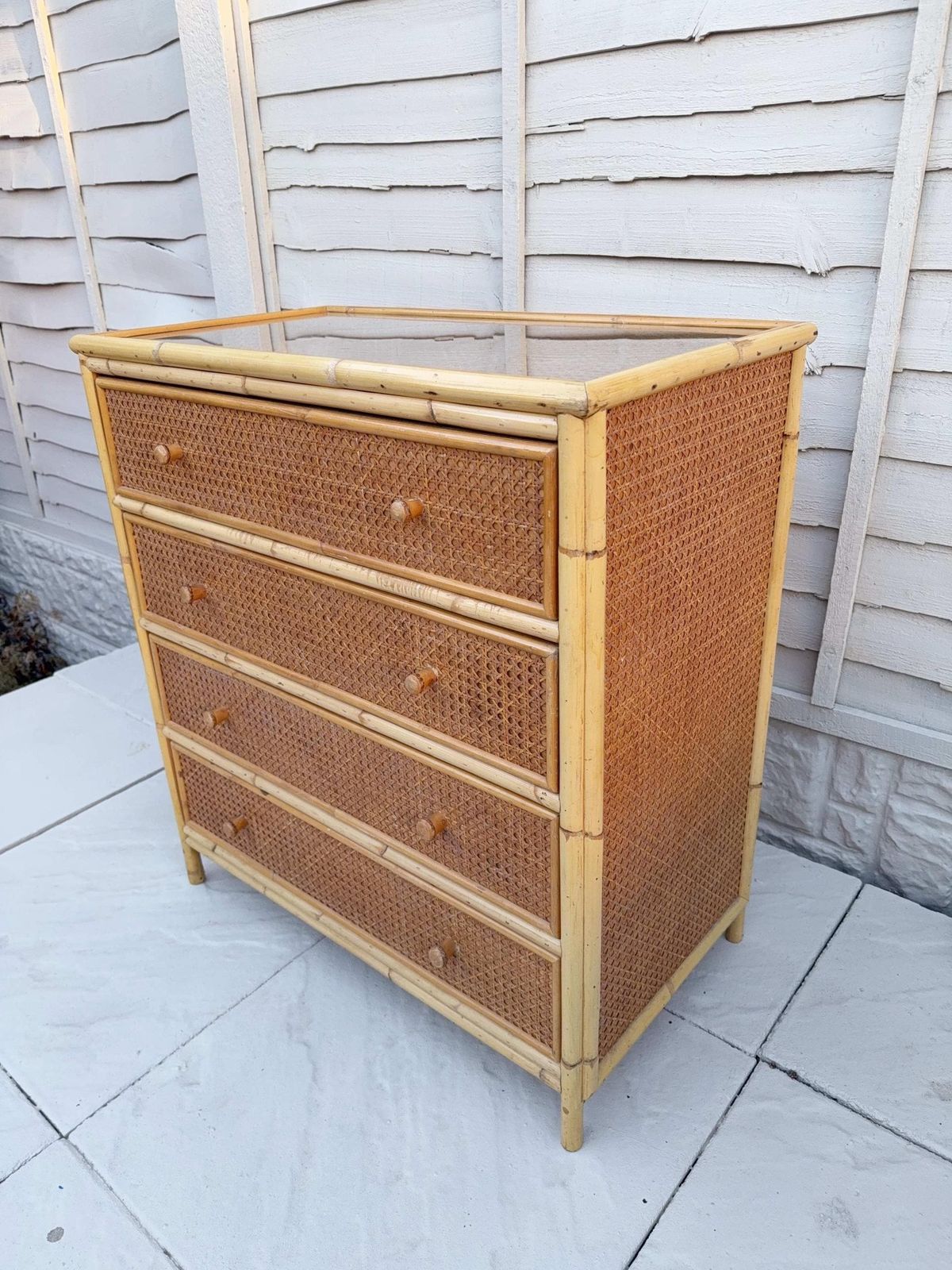 photo furniture Mid Century Glass Top Rattan Chest Of Drawers | Vintage Boho Bedroom Decor