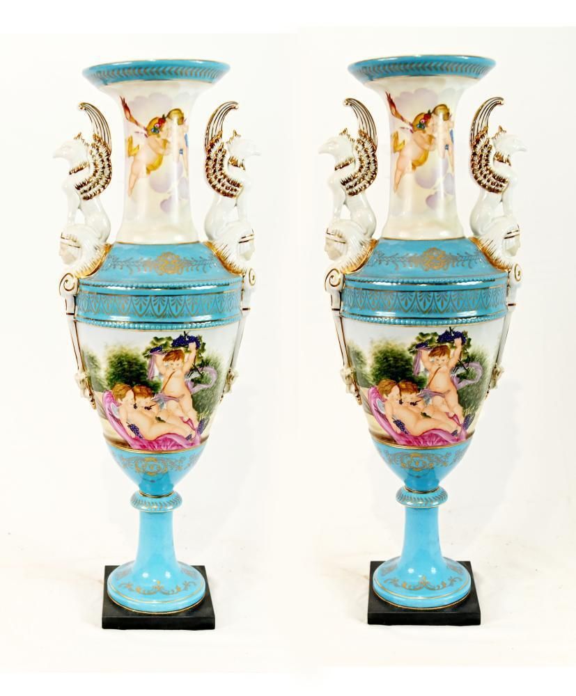 Pair Sevres Style Porcelain Urn Vases Urns Cherub Decoration photo furniture