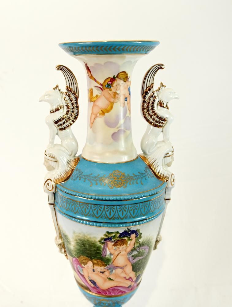 Pair Sevres Style Porcelain Urn Vases Urns Cherub Decoration photo 645.0