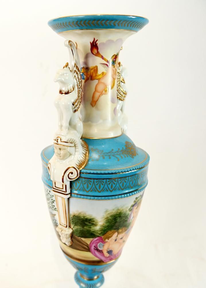 Pair Sevres Style Porcelain Urn Vases Urns Cherub Decoration photo vintage