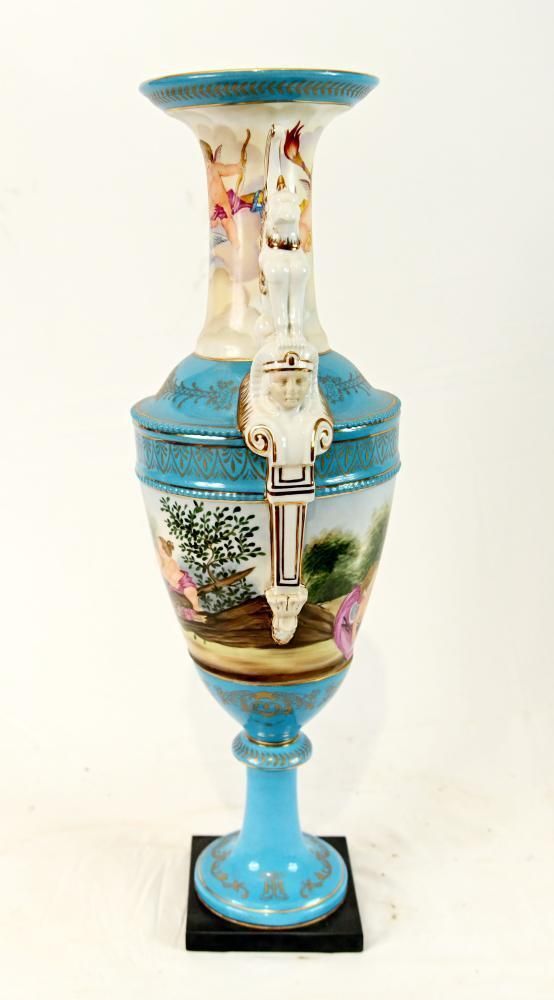 photo furniture Pair Sevres Style Porcelain Urn Vases Urns Cherub Decoration