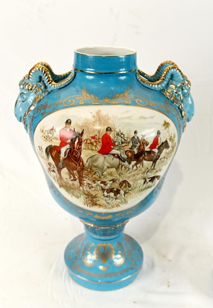 Sevres Style Porcelain Lidded Urns Vases Paris French With Hunting Scenes photo buy