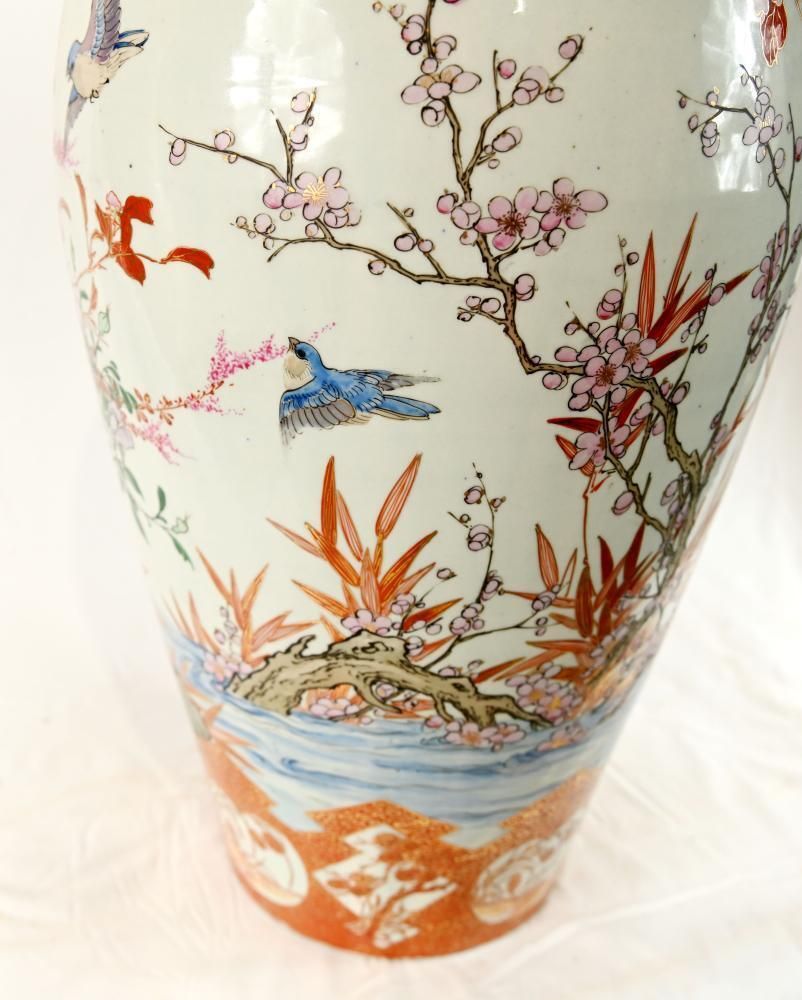 photo furniture Pair Antique Japanese Satsuma Porcelain Floor Vases With Bird And Blossom Decoration