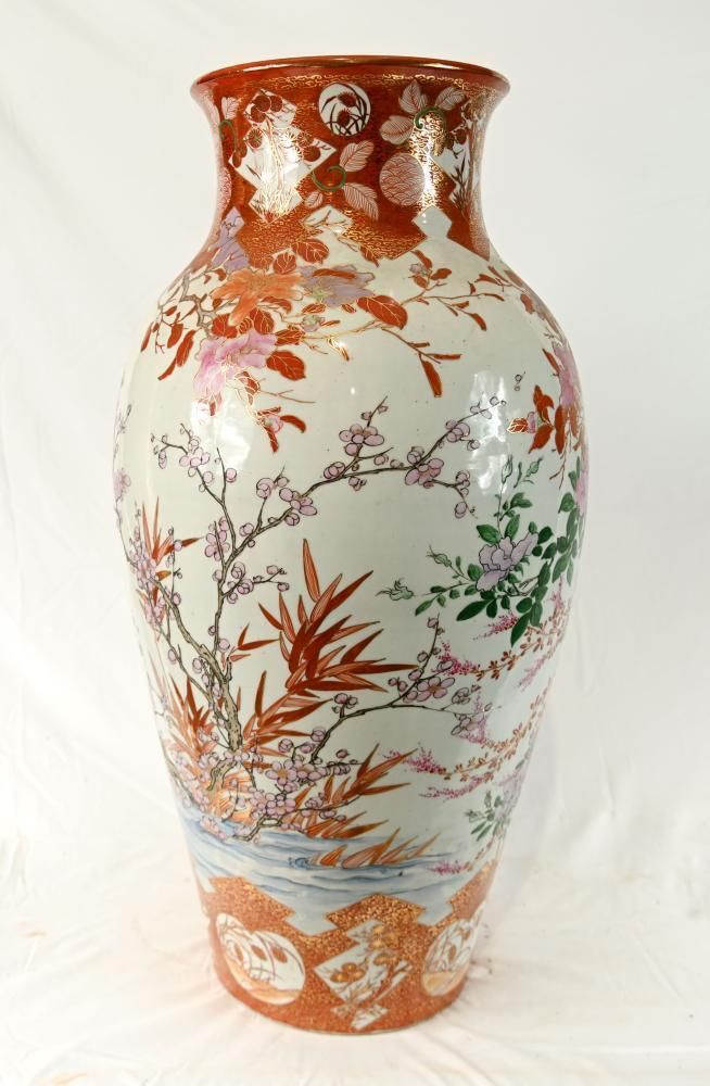 Home Decor Pair Antique Japanese Satsuma Porcelain Floor Vases With Bird And Blossom Decoration photo
