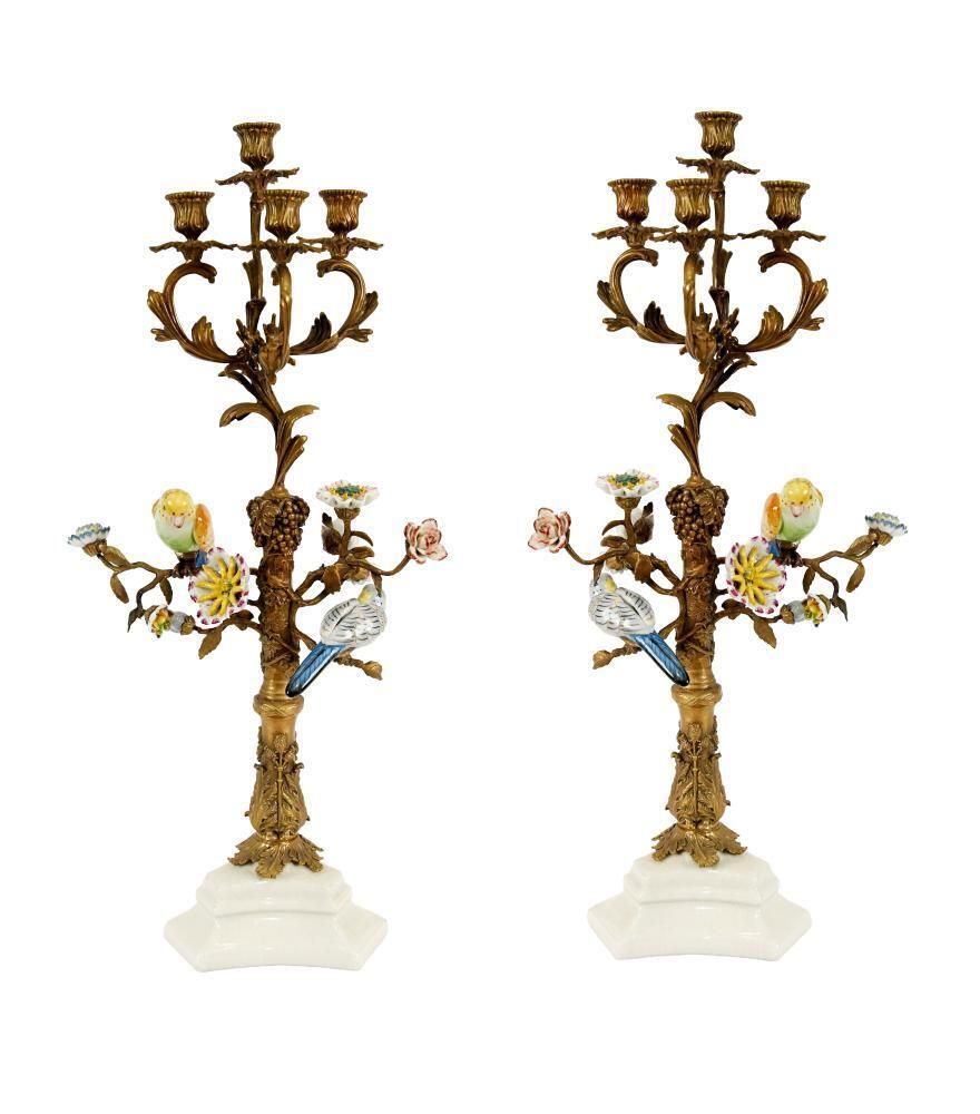 Pair French Gilt Candelabra Bird Porcelain Figural Candles
