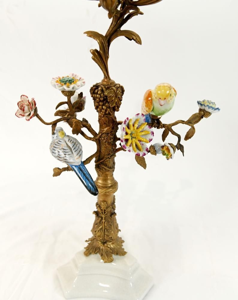 Pair French Gilt Candelabra Bird Porcelain Figural Candles photo vinterior