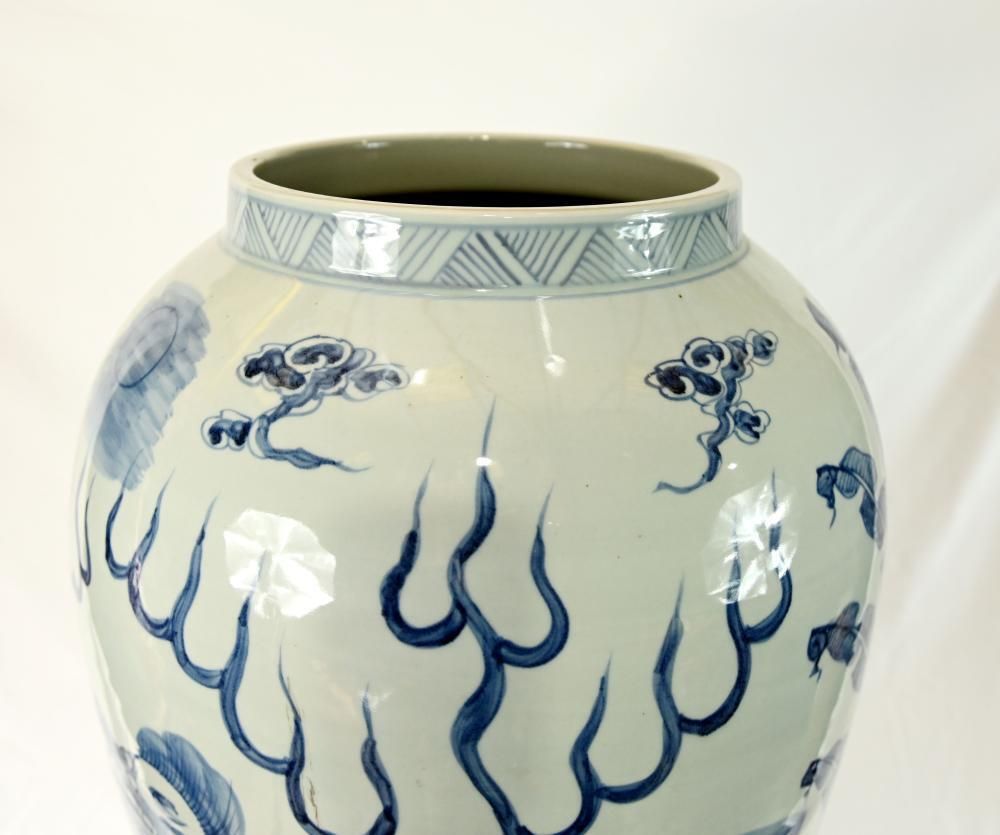 photo for sale Pair Chinese Blue White Porcelain Lidded Vases Mythical Beast Dragon 4ft 109