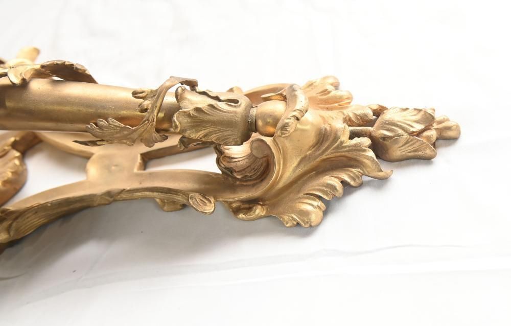 Pair French Gilt Bronze Wall Lights Sconces Cranberry Cut Glass Shades Louis XV Revival photo vinterior