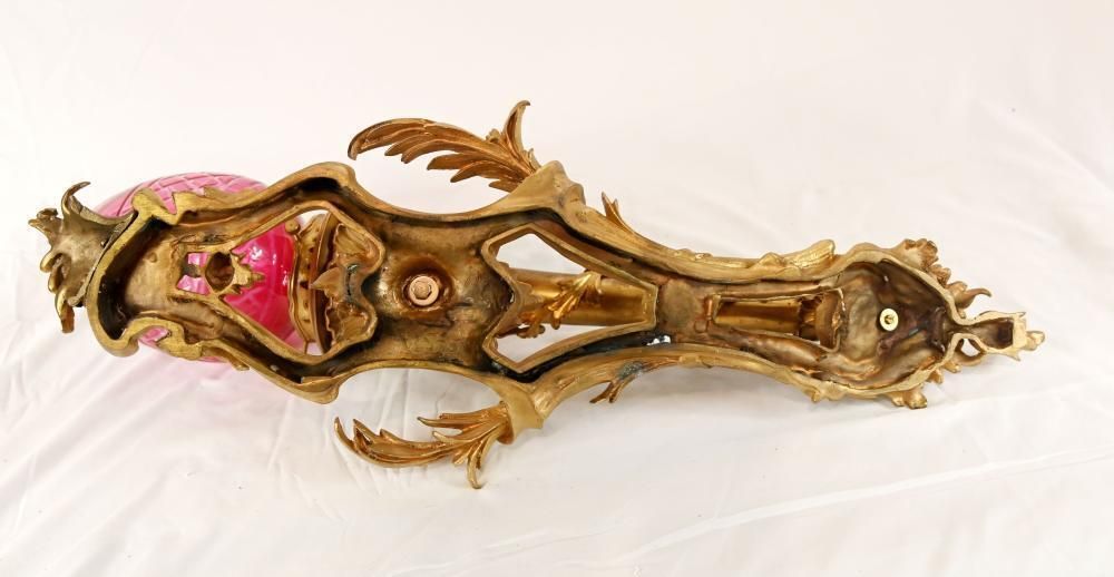 photo furniture Pair French Gilt Bronze Wall Lights Sconces Cranberry Cut Glass Shades Louis XV Revival