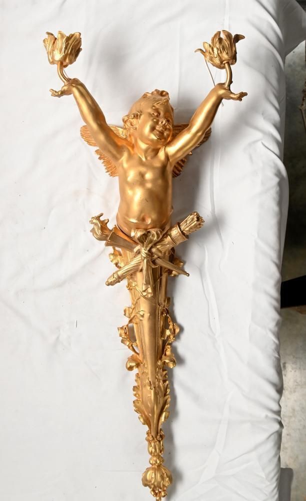 Pair French Gilt Bronze Cherub Wall Lights Louis XVI Revival photo for sale