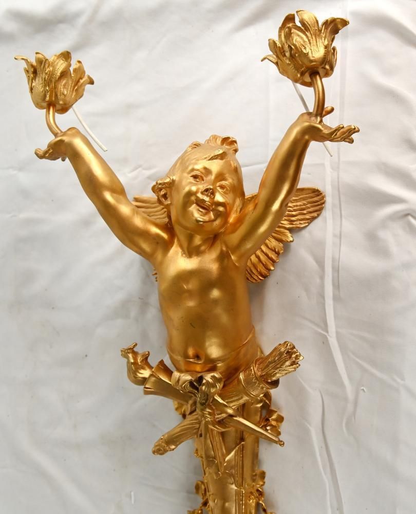 Pair French Gilt Bronze Cherub Wall Lights Louis XVI Revival photo vinterior