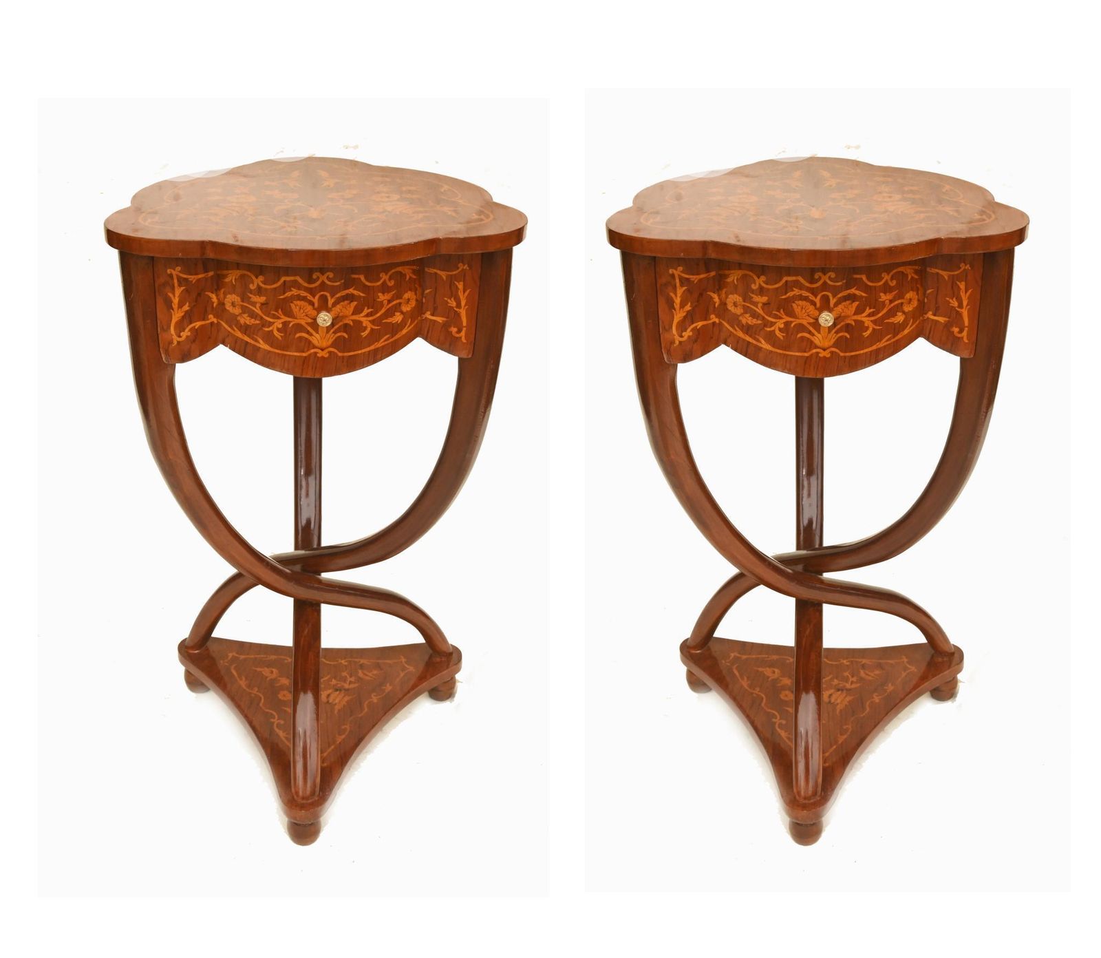 Pair Art Nouveau Revival Side Tables Occasional French Marquetry
