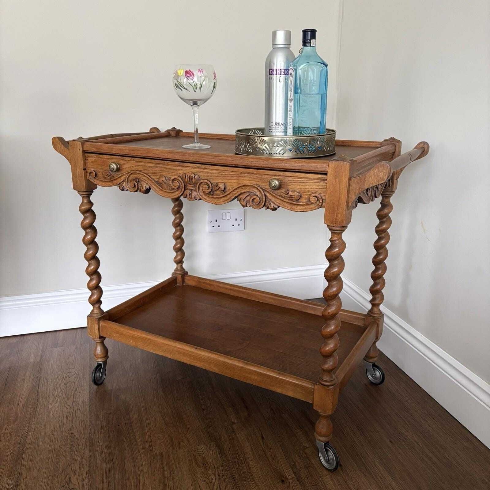 Vintage Wooden Drinks Trolley With Carved Detail, Bar Cart On Castors photo furniture