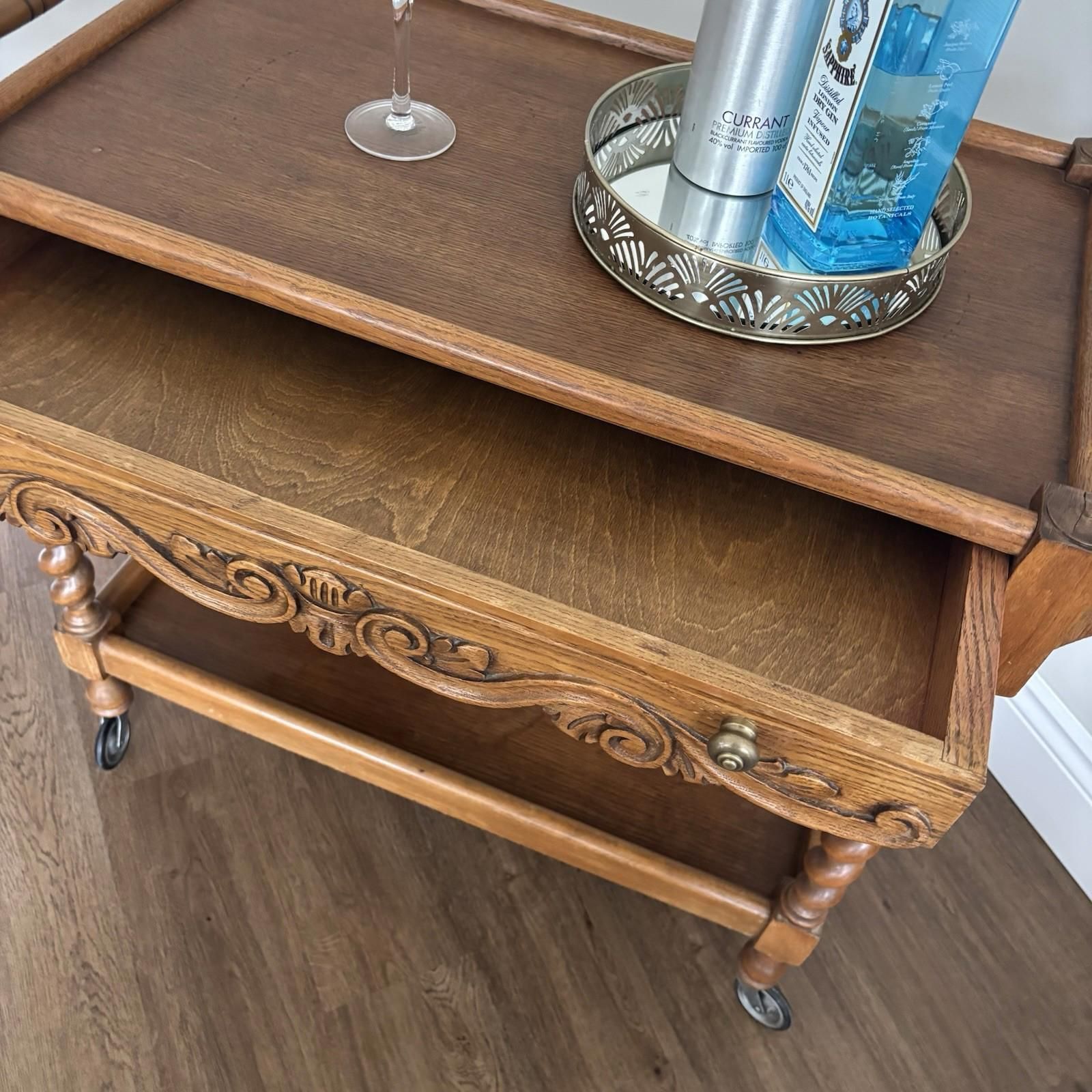 Vintage Wooden Drinks Trolley With Carved Detail, Bar Cart On Castors photo vintage