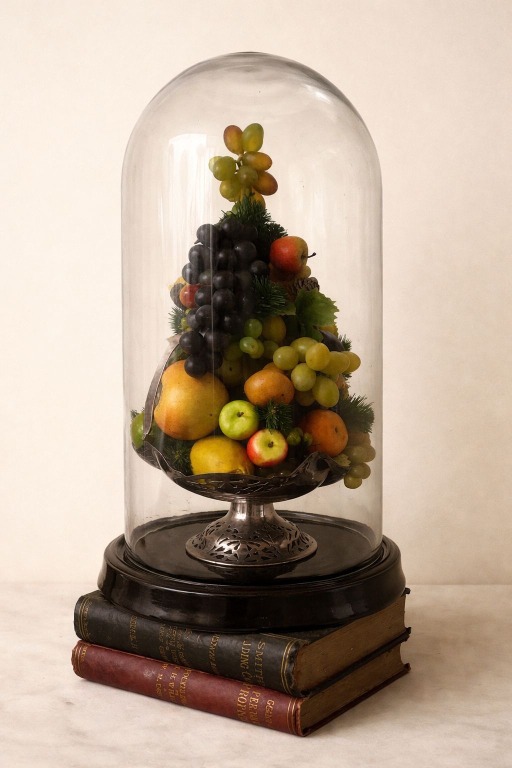 Victorian Style Glass Dome On Black Base Complete With Arrangement Of Fruit In Silver Plated Basket