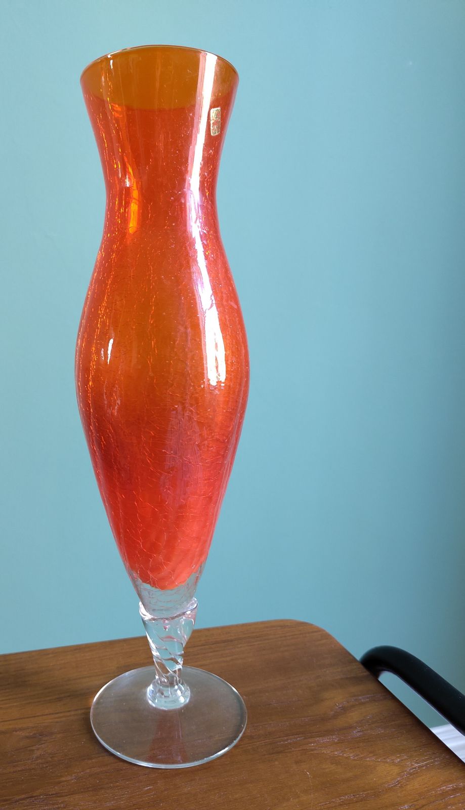 Elegant Mid‑Century Italian Cased Glass Vase (C. 1960s–1970s) Clear Over Bright Orange • Twisted Stem • Crinkled Inner Texture • 37.5 Cm • Original Sticker photo furniture