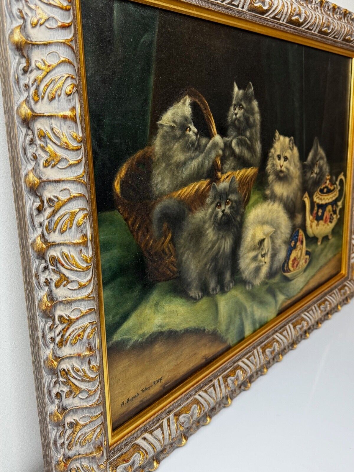 photo furniture Masterpiece Painting: Persian Kittens Playing Tea Party Signed By Agnes Augusta Talboys Rwa (British, 1863–1940)