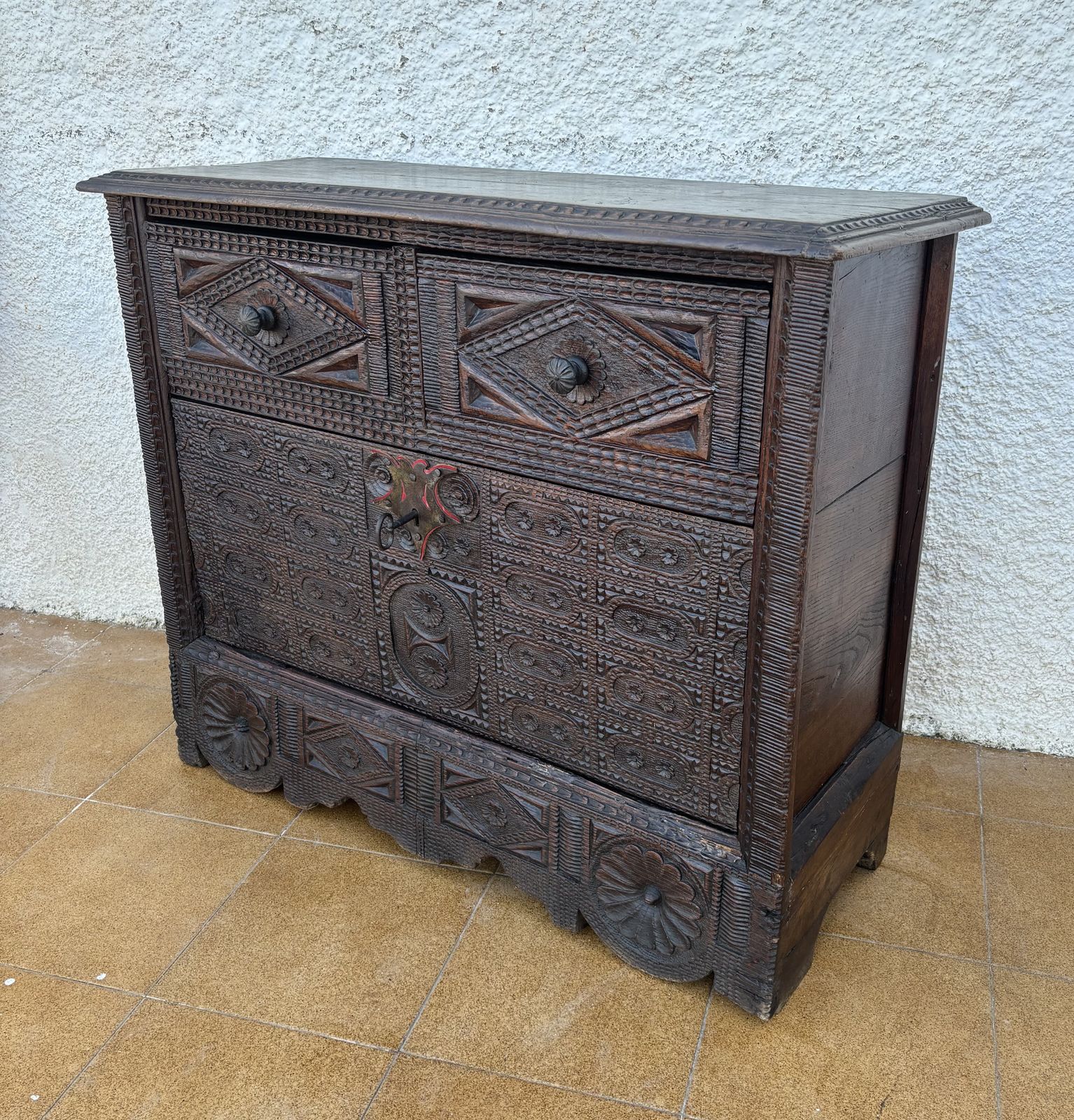photo furniture Spanish Renaissance Carved Cabinet With Drop Front Door And Two Drawers, 1880s