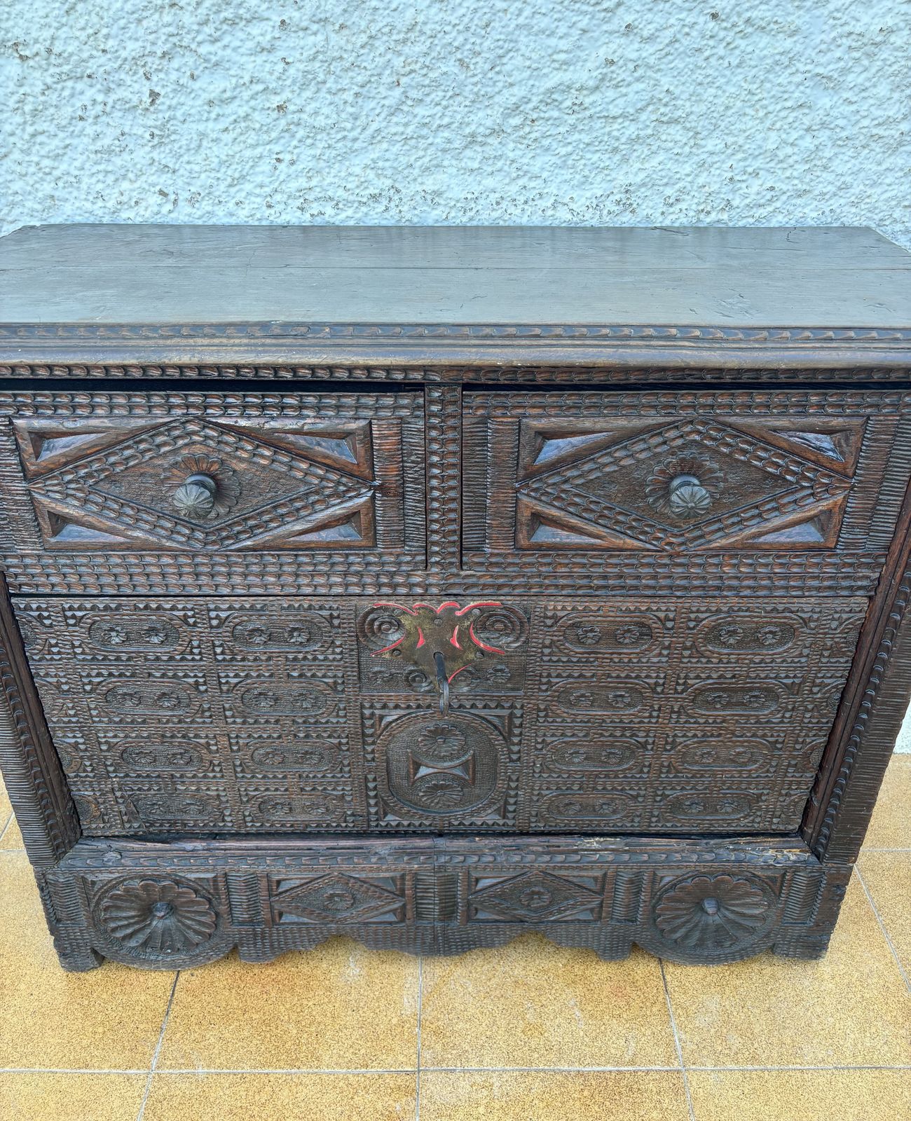 photo for sale Spanish Renaissance Carved Cabinet With Drop Front Door And Two Drawers, 1880s