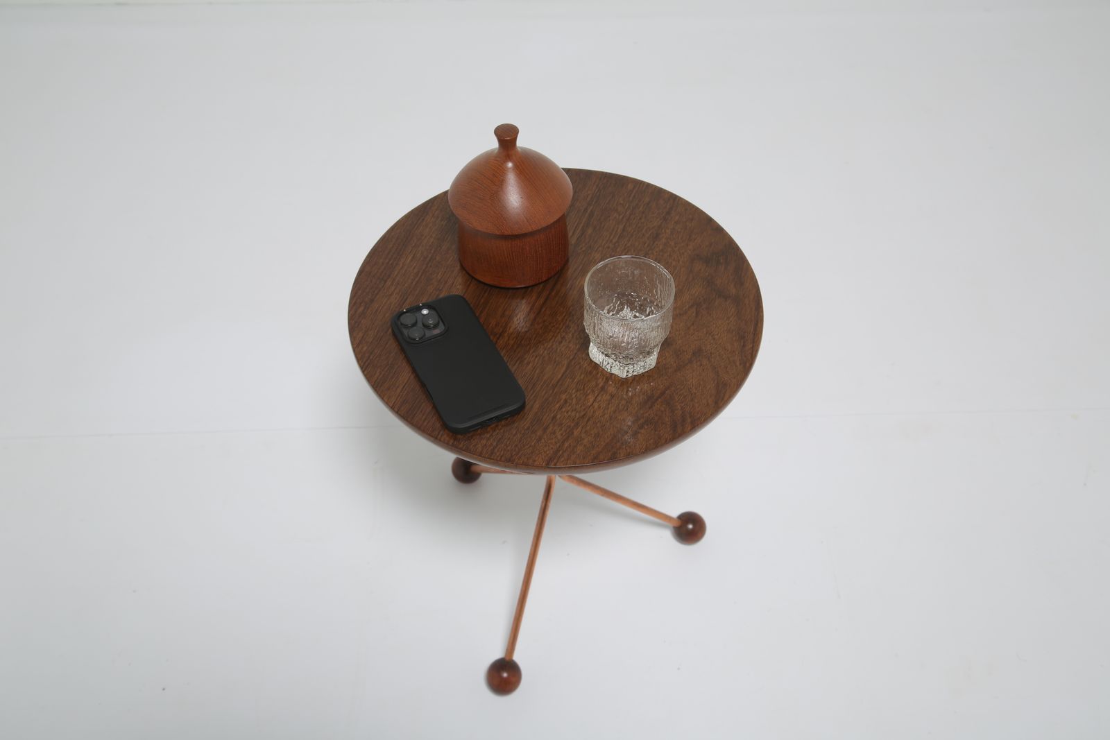 Albert Larsson For Tibro: Mid Century Tripod Side Table In Teak & Copper, Sweden, 1950s photo vintage