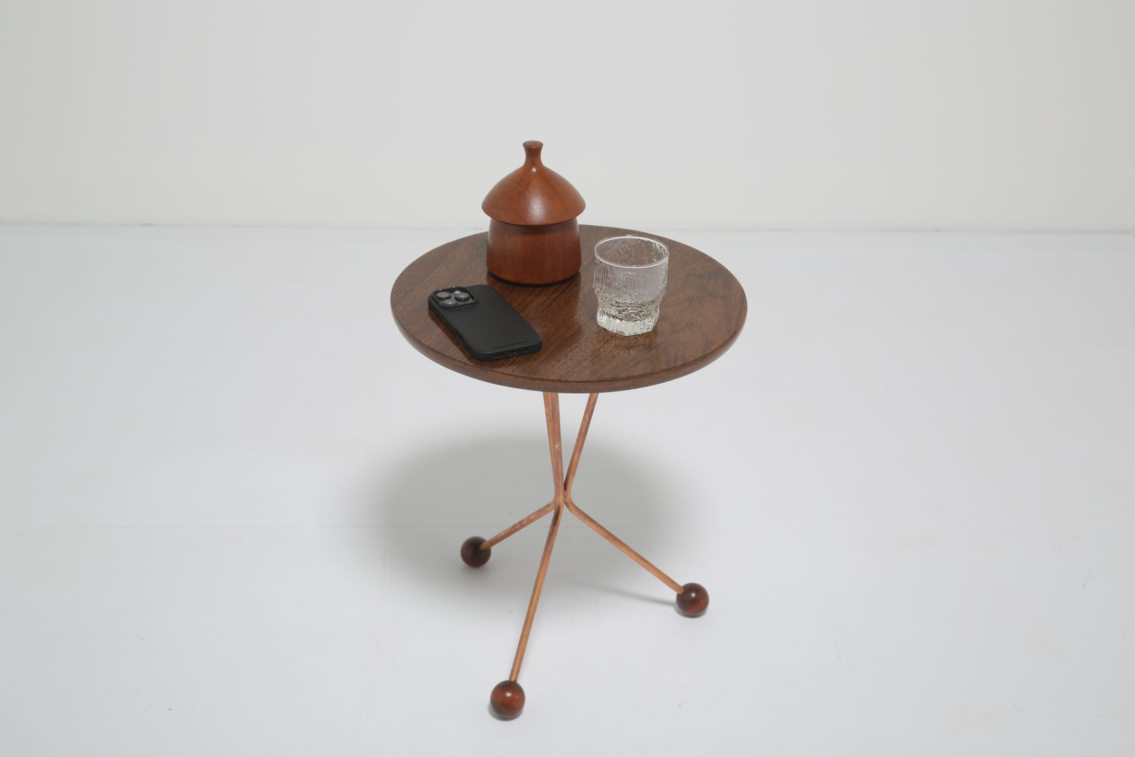 photo furniture Albert Larsson For Tibro: Mid Century Tripod Side Table In Teak & Copper, Sweden, 1950s