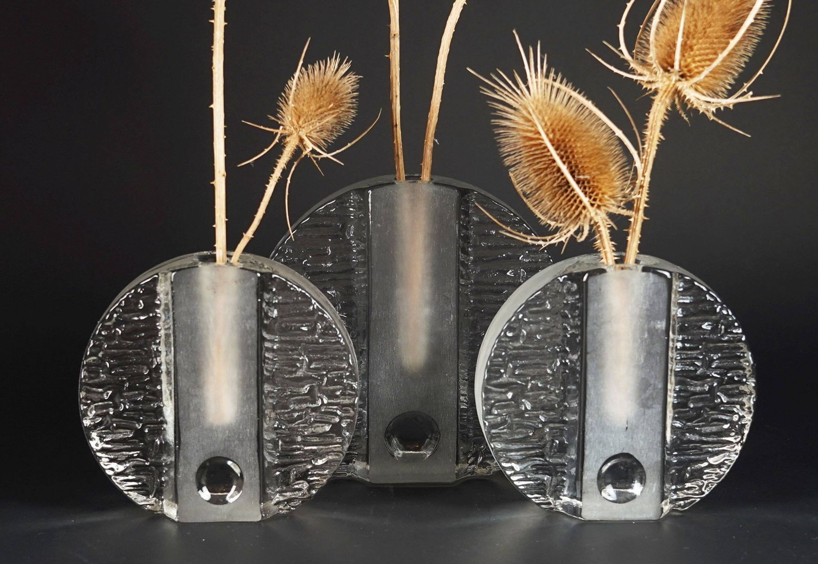 Set Of 3 Round Block Walther Glass Soliflore Vases From The 1960s And 70s, Op Art Style photo for sale
