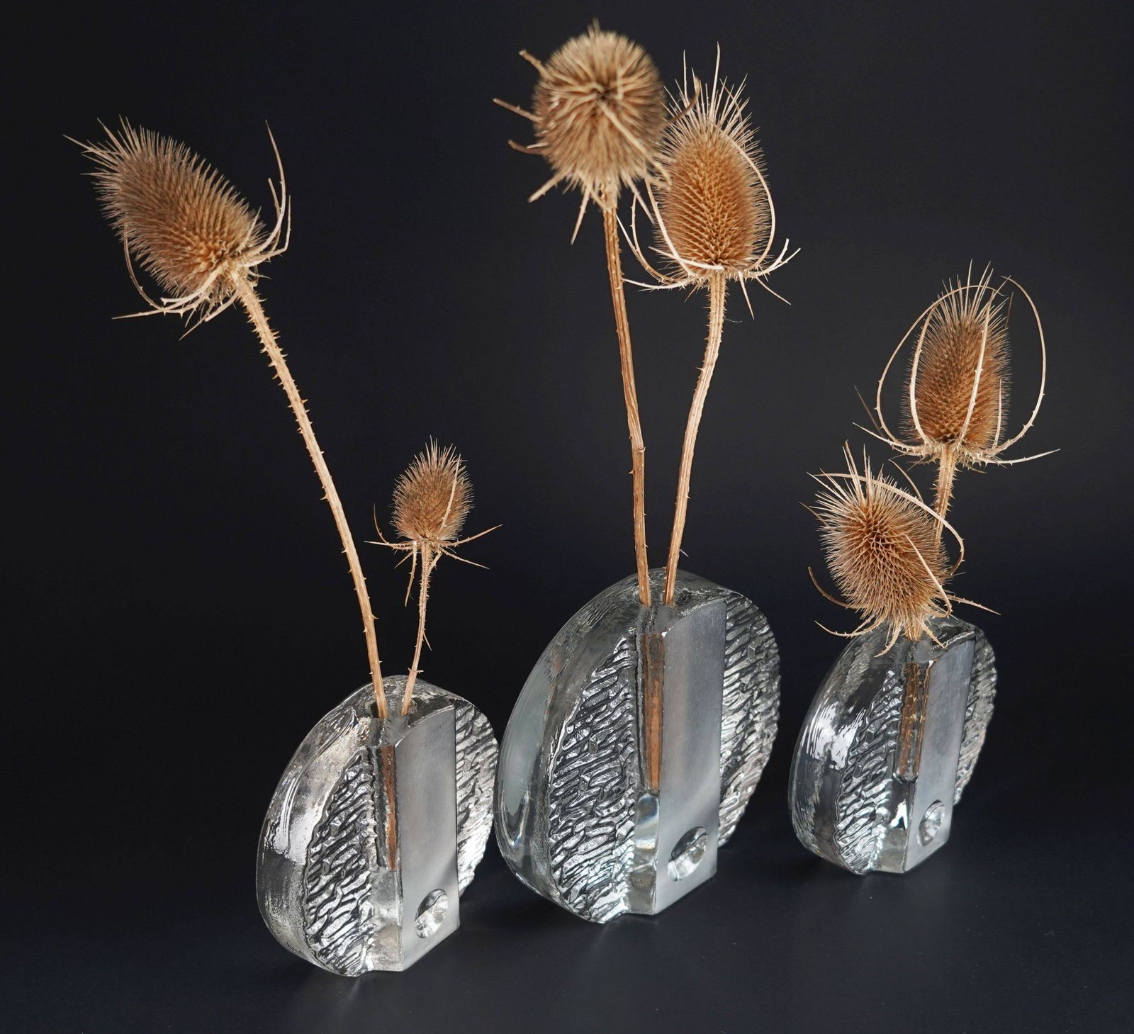 Set Of 3 Round Block Walther Glass Soliflore Vases From The 1960s And 70s, Op Art Style photo 127.0