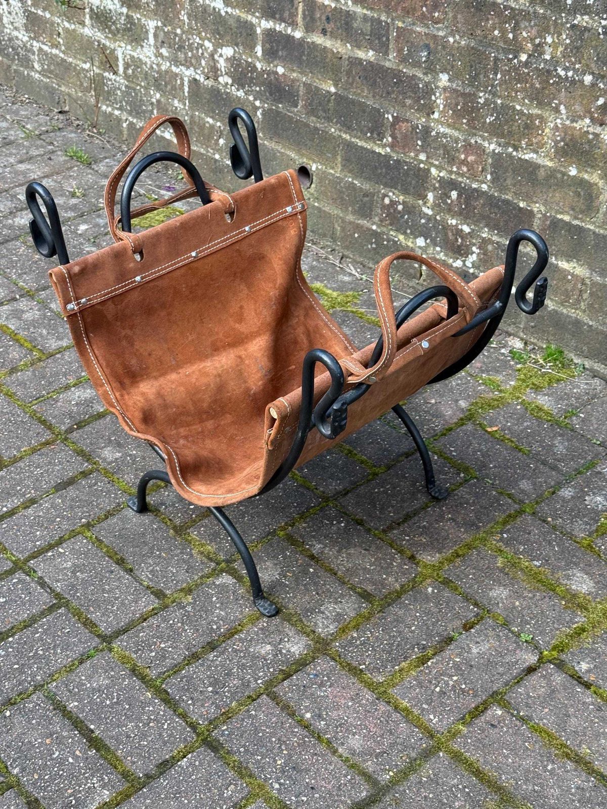 Vintage Wrought Iron Fire Basket With Leather Log Sling / Bag – Fireside Log Holder – Rustic Country Style (Late 20th Century) photo Home Fixtures