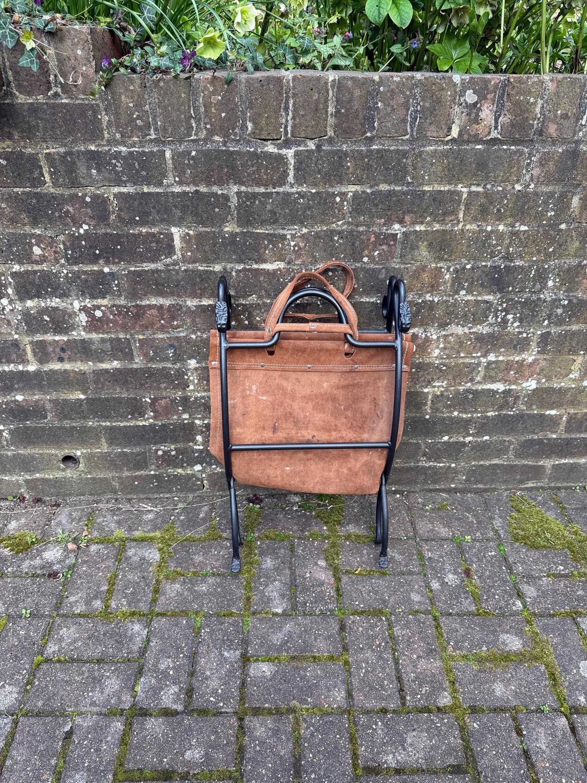 Vintage Wrought Iron Fire Basket With Leather Log Sling / Bag – Fireside Log Holder – Rustic Country Style (Late 20th Century) photo vintage