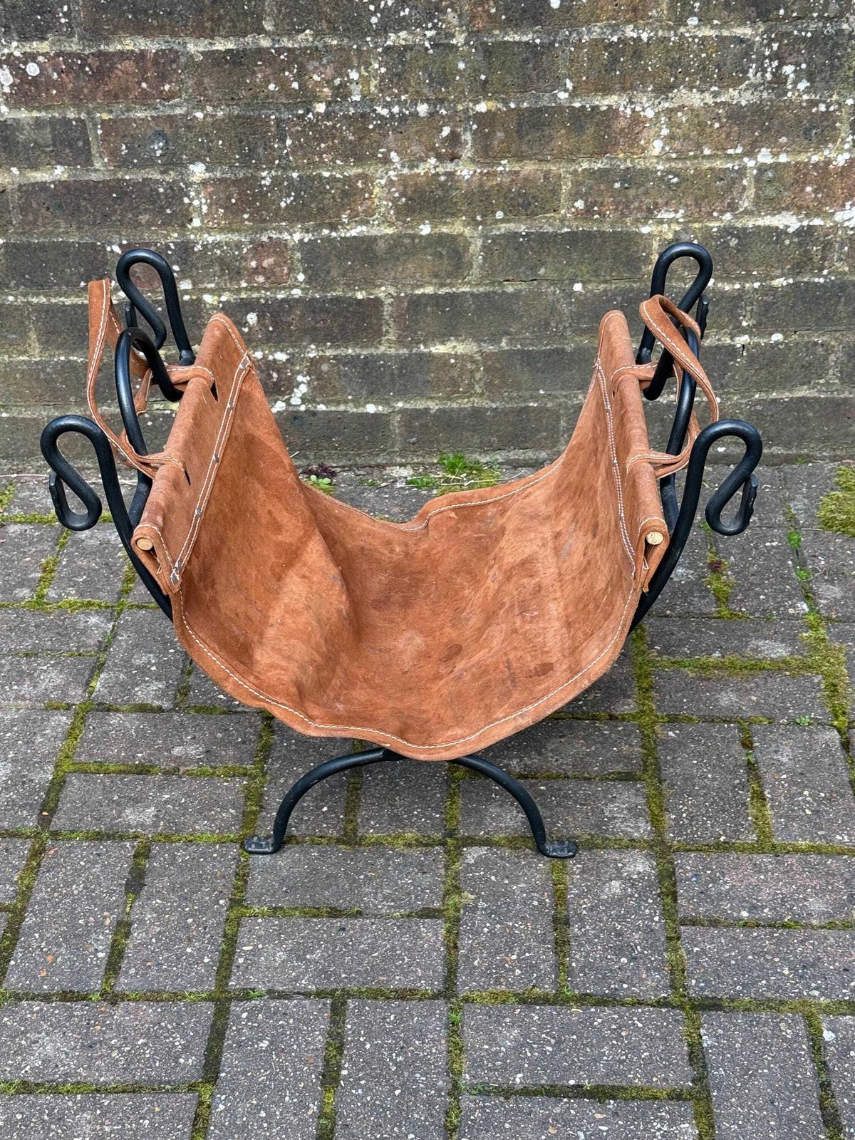 Home Fixtures Vintage Wrought Iron Fire Basket With Leather Log Sling / Bag – Fireside Log Holder – Rustic Country Style (Late 20th Century) photo