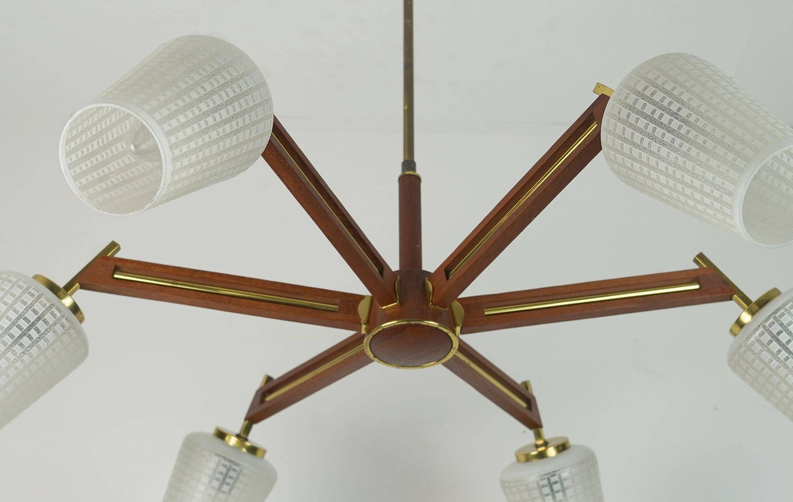 photo for sale 1960s Mid Century Sputnik 8 Light Chandelier Teak Brass Glass Ceiling Light