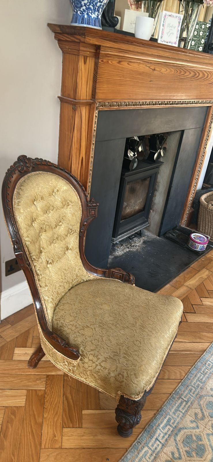 Victorian Parlour Or Fireside Mahogany Chair With Carved Cabriole Legs In Gold Damask photo furniture