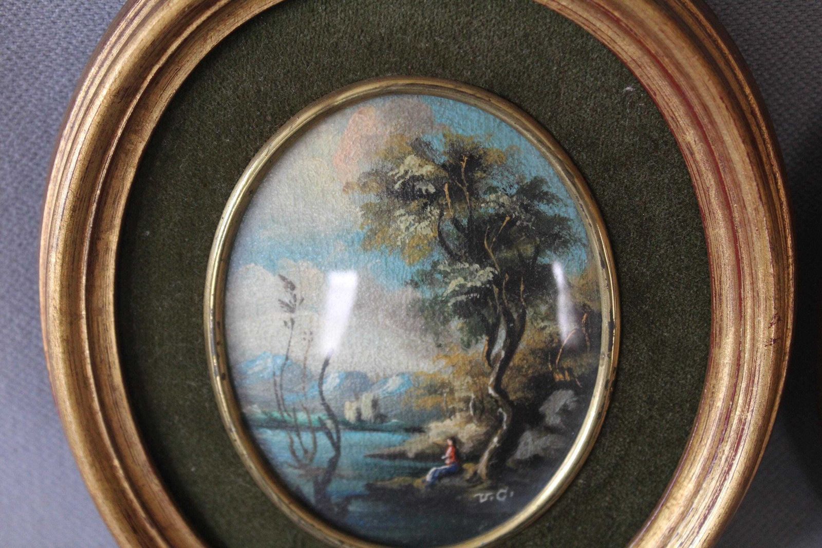Set Of Two Small Vintage Italian Scenic Landscape Paintings, Oval Gilded Wood Frame, Convex Glass, Velvet Matting, Signed, Hand Painted, photo furniture