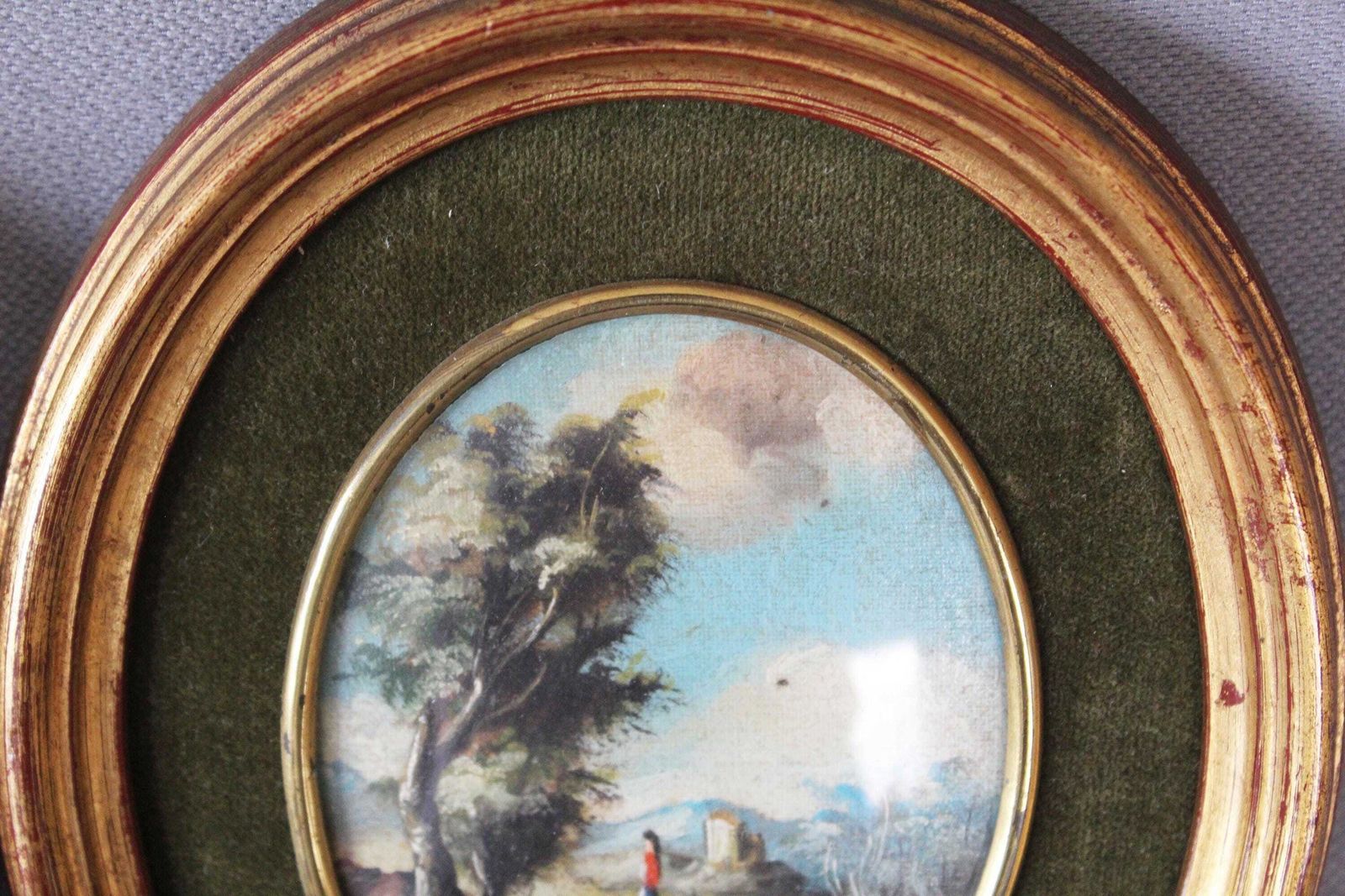 Set Of Two Small Vintage Italian Scenic Landscape Paintings, Oval Gilded Wood Frame, Convex Glass, Velvet Matting, Signed, Hand Painted, photo buy
