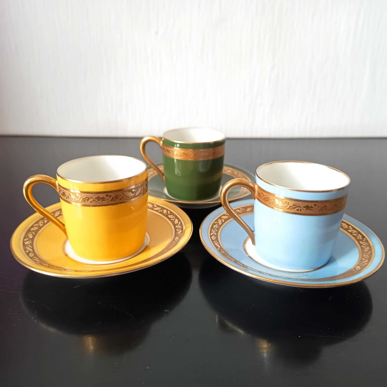 Art Deco Limoges Arlequin Collection: 3 Cups & Saucers, Acid Etched Oak Leaf Gilding, 1929 photo furniture