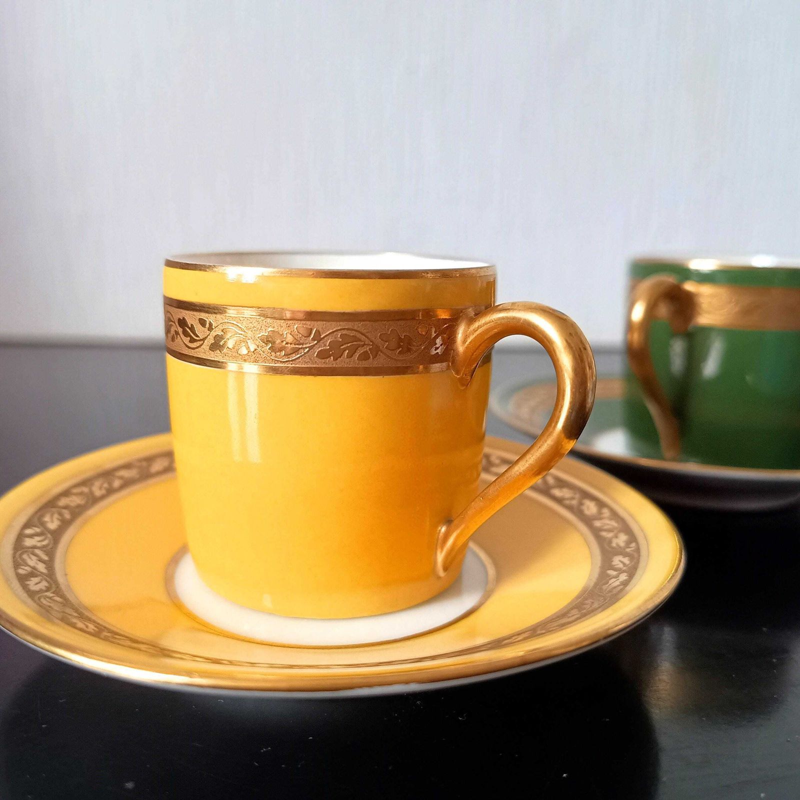 photo furniture Art Deco Limoges Arlequin Collection: 3 Cups & Saucers, Acid Etched Oak Leaf Gilding, 1929