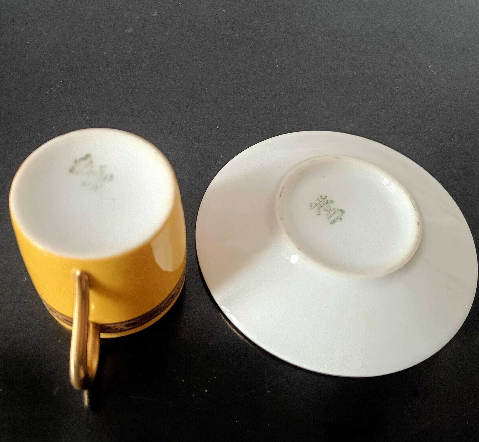 photo buy Art Deco Limoges Arlequin Collection: 3 Cups & Saucers, Acid Etched Oak Leaf Gilding, 1929