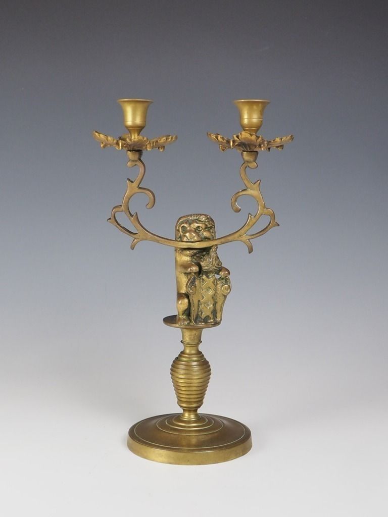 19th Century Dutch Brass Lion Candelabra Candle Holder