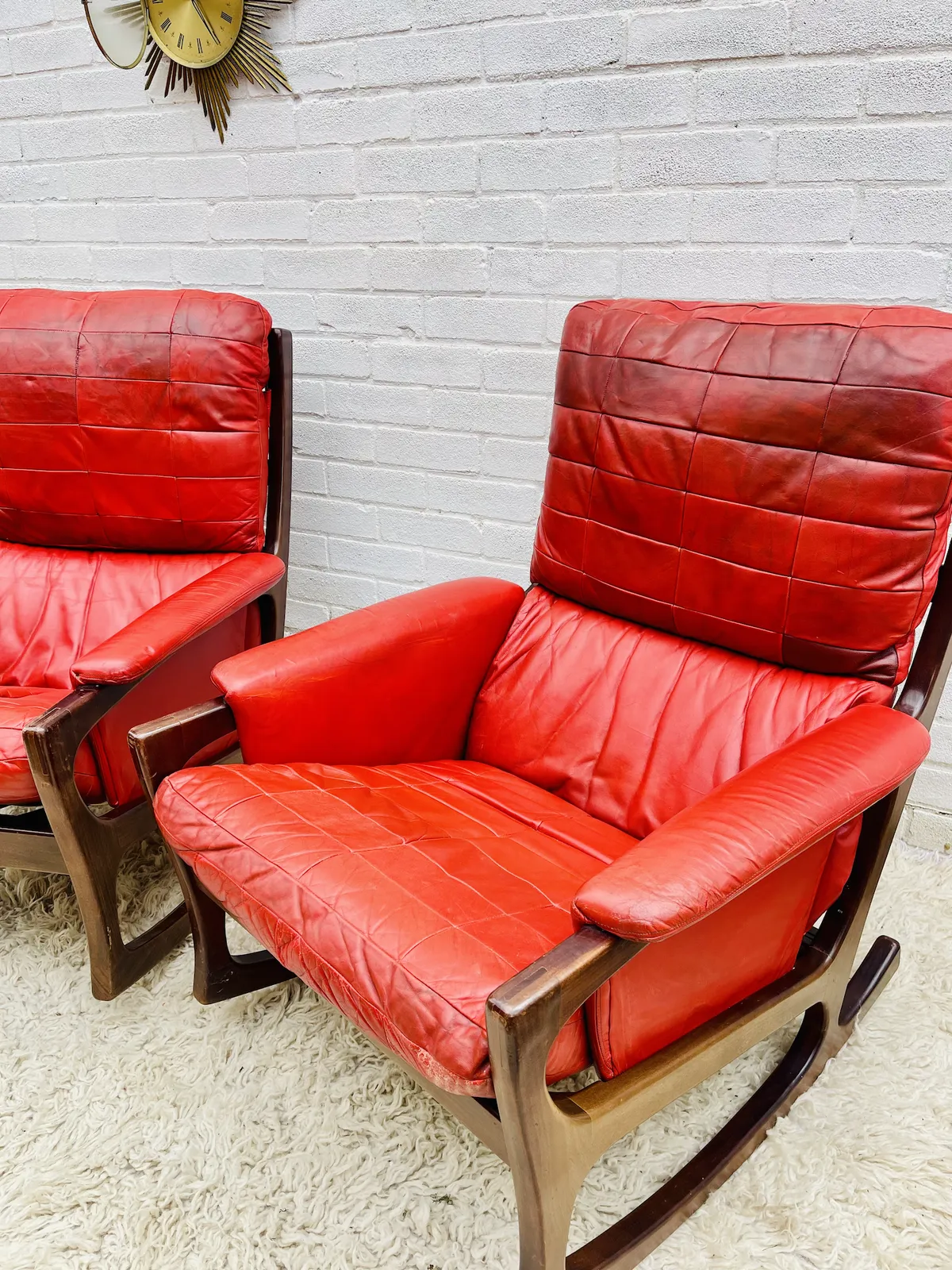 Folke Ohlsson Gimson & Slater Mid Century Danish Red Leather Rocking Chair Pair photo Furniture
