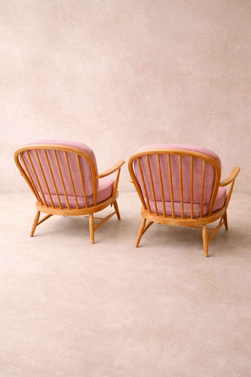 Pair Of Mid Century Ercol Armchairs Reupholstered In Fermoie ‘Wave’ Linen photo for sale