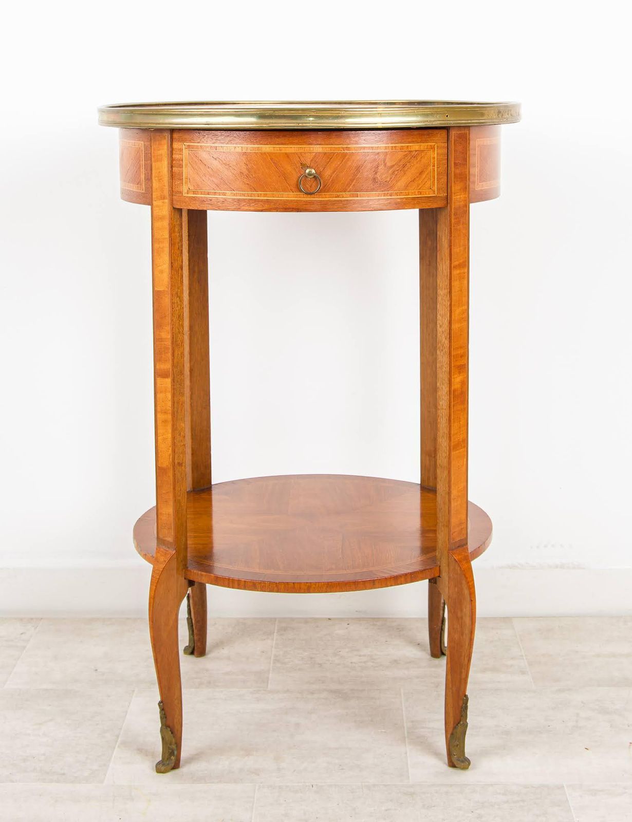 Antique French Inlaid Round Side Table With Drawer & Brass Gallery photo furniture