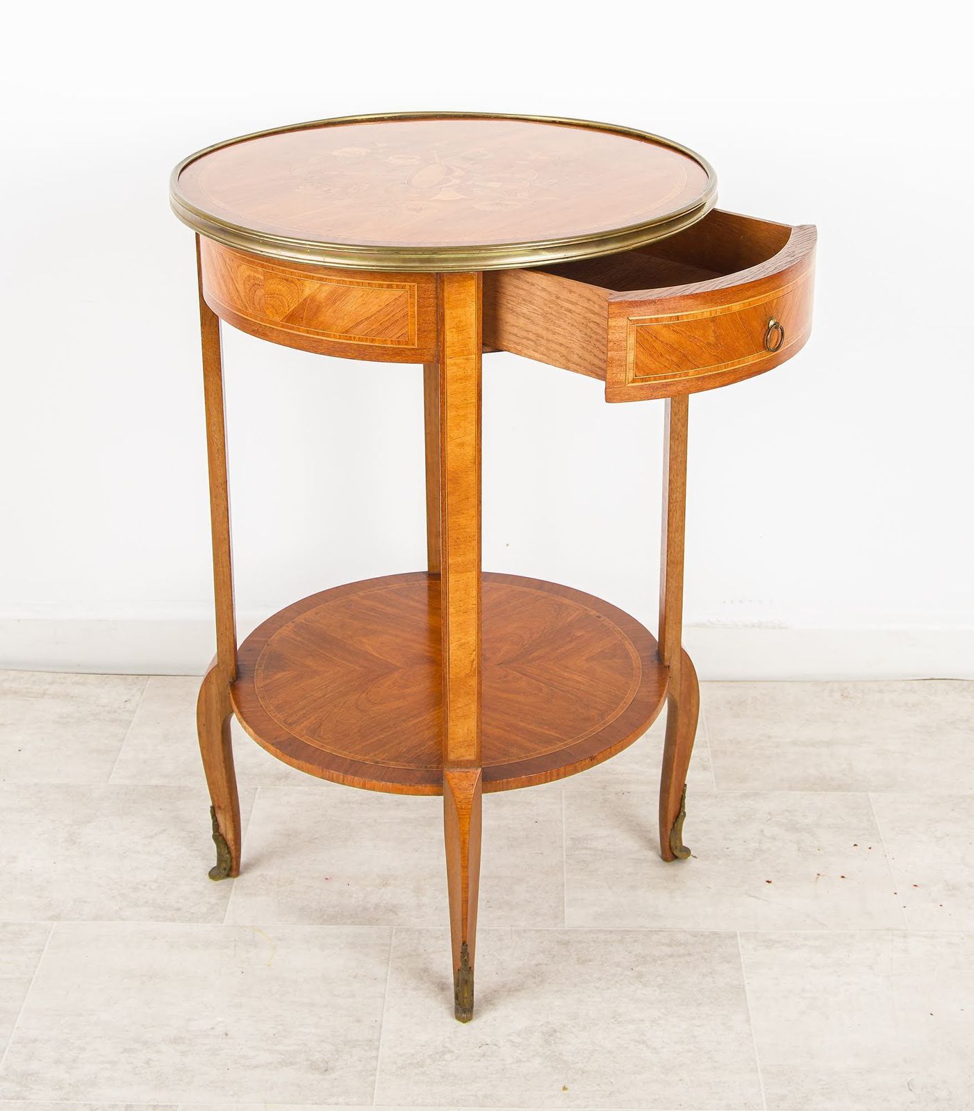 Antique French Inlaid Round Side Table With Drawer & Brass Gallery photo Furniture