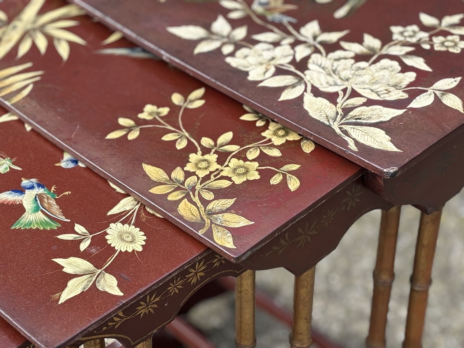 19th Century French Nest Of 4 Stacking Floral Painted Tables photo vinterior