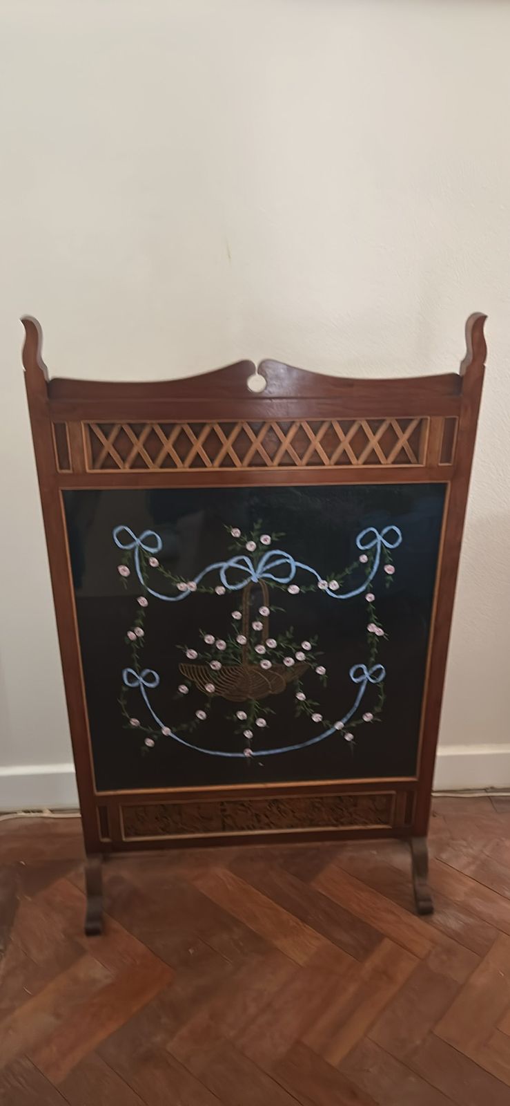 A Mahogany Antique Fire Screen With An Embroidered Panel