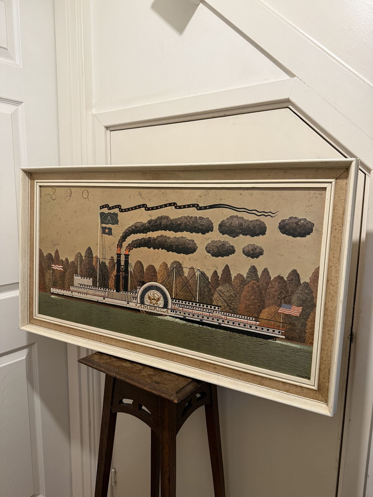 Vintage Charles Wysocki Americana Steamboat Print Framed Nautical Wall Art Decor photo for sale